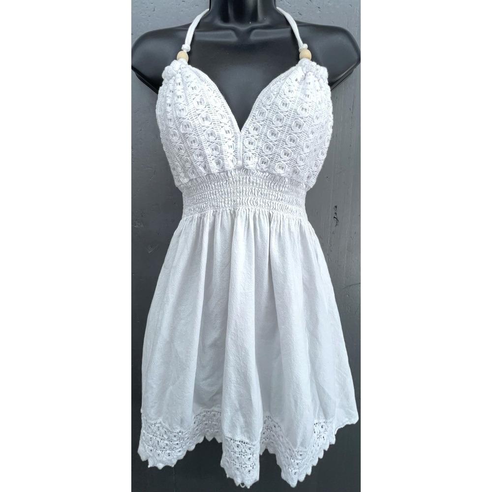 Mini Dress L White Cotton Embroidered Crochet Smocked Babydoll‎ Boho Y2K Beachy